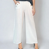 Pantaloni lungi din in cu nasturi decorativi pe buzunare alb 