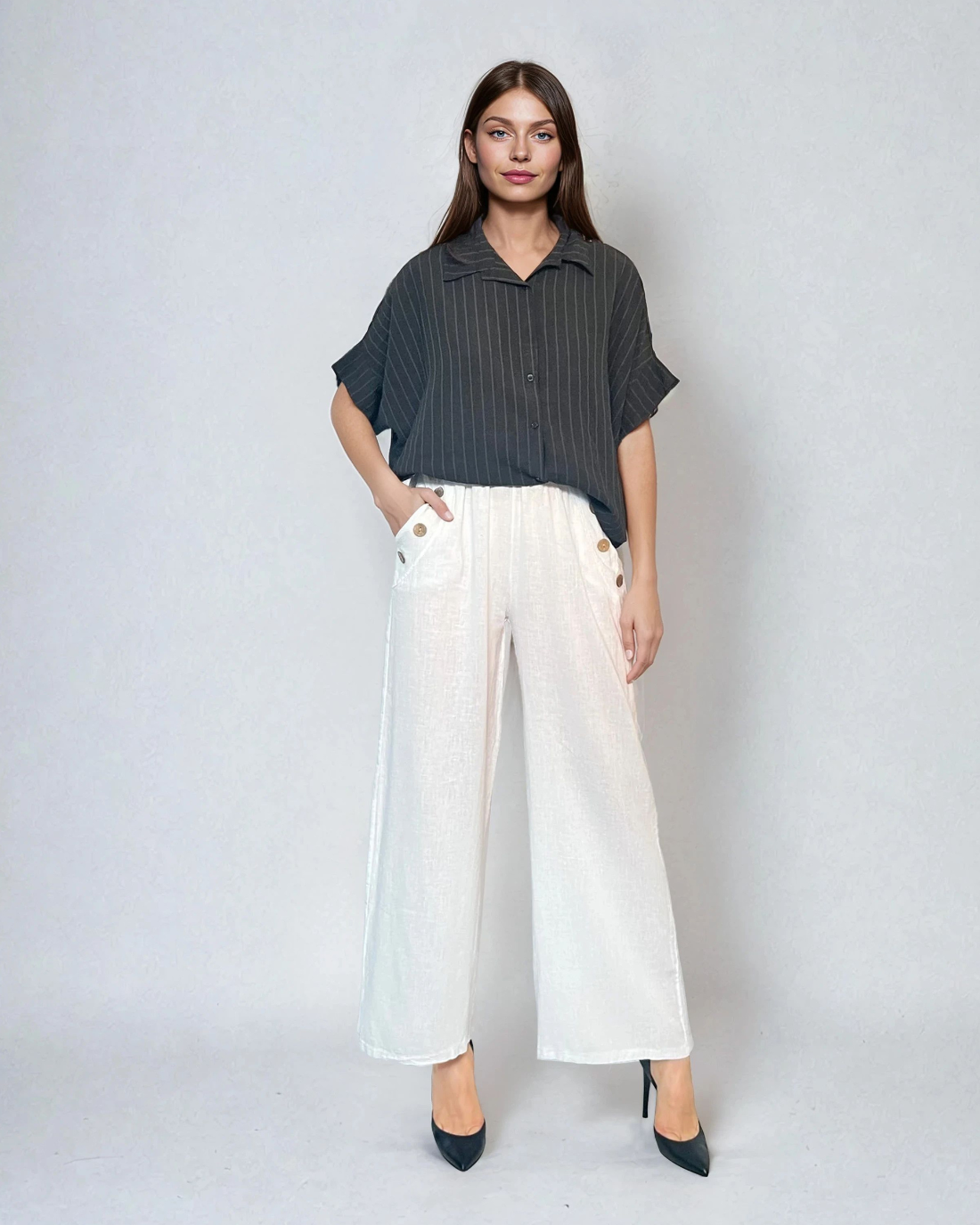 Pantaloni lungi din in cu nasturi decorativi pe buzunare alb 