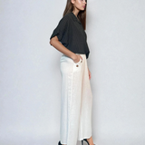 Pantaloni lungi din in cu nasturi decorativi pe buzunare alb 
