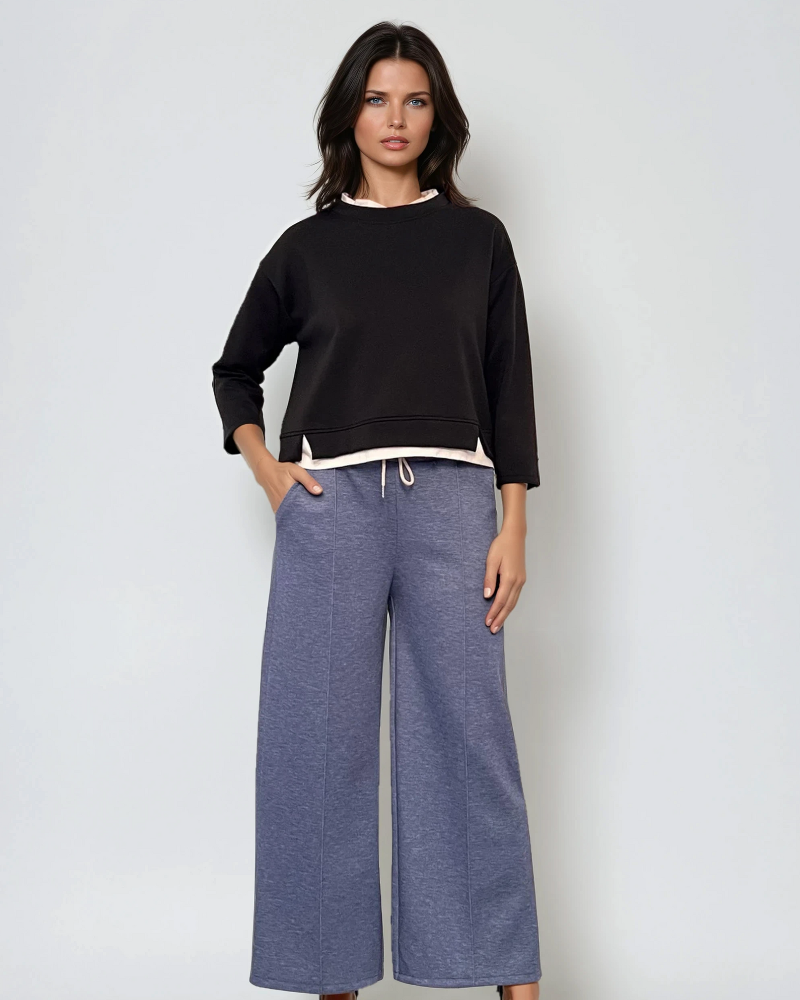 Pantaloni lungi la dungă din vâscoză albastru 