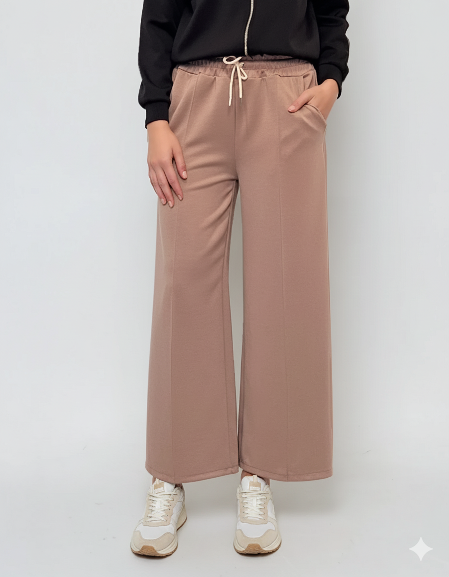 Pantaloni lungi la dungă din vâscoză beige 