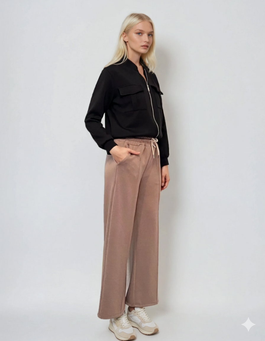 Pantaloni lungi la dungă din vâscoză beige 