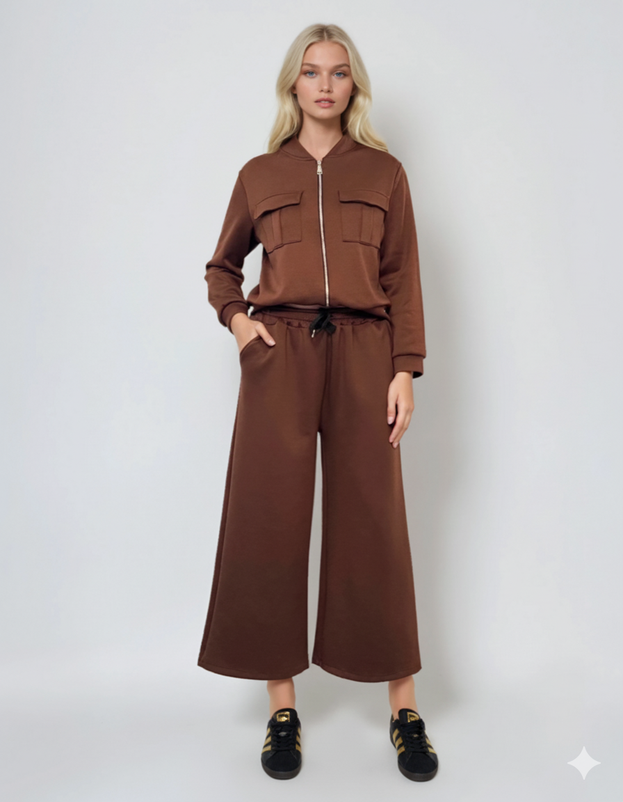 Pantaloni lungi la dungă din vâscoză maro 