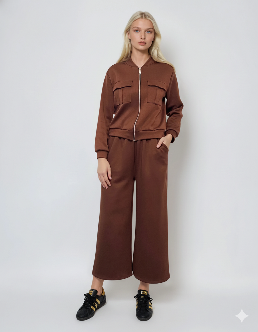 Pantaloni lungi la dungă din vâscoză maro 