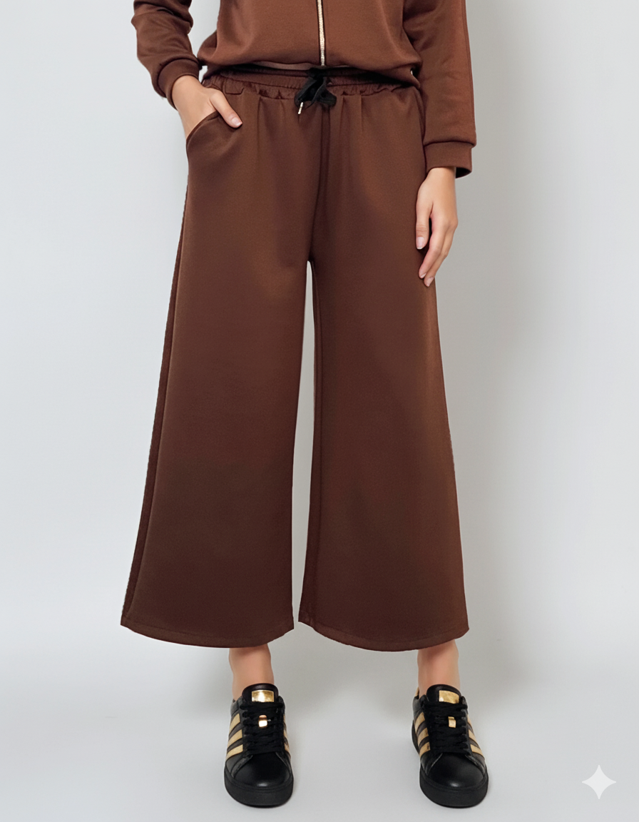 Pantaloni lungi la dungă din vâscoză maro 