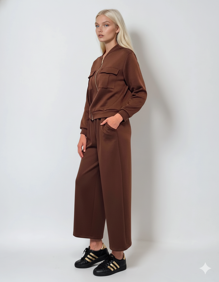 Pantaloni lungi la dungă din vâscoză maro 