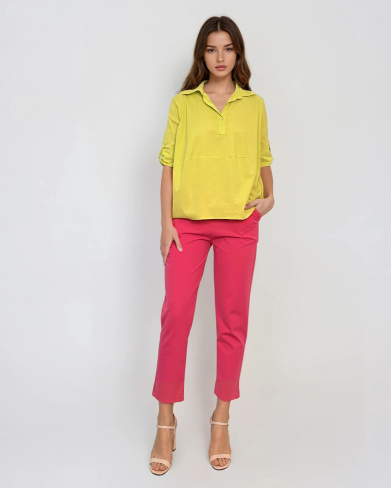 Pantaloni stretch cu nasturi decorativi ciclam 