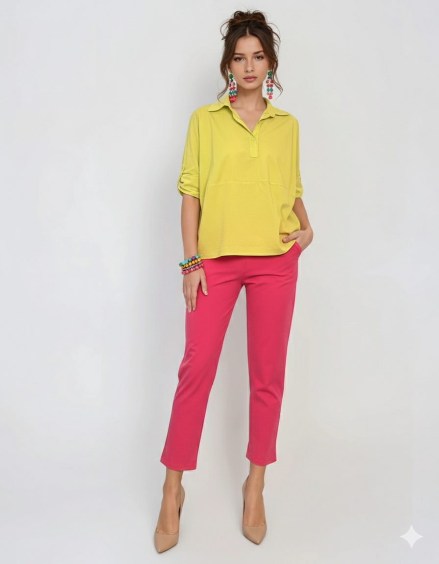 Pantaloni stretch cu nasturi decorativi ciclam 