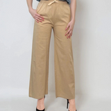Pantaloni vaporoși cu șiret în talie beige 