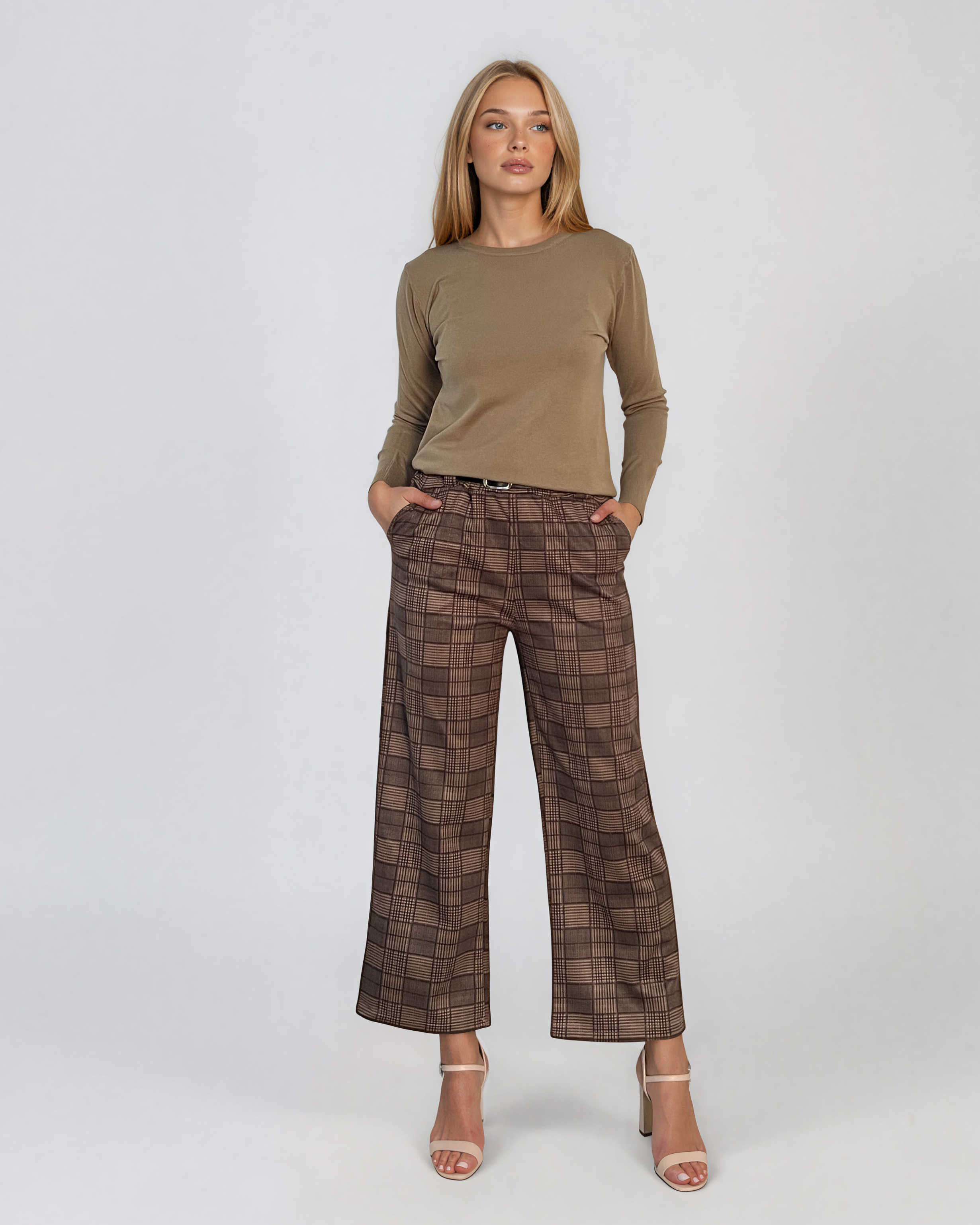 Pulover basic cu guler rotund kaki HL234