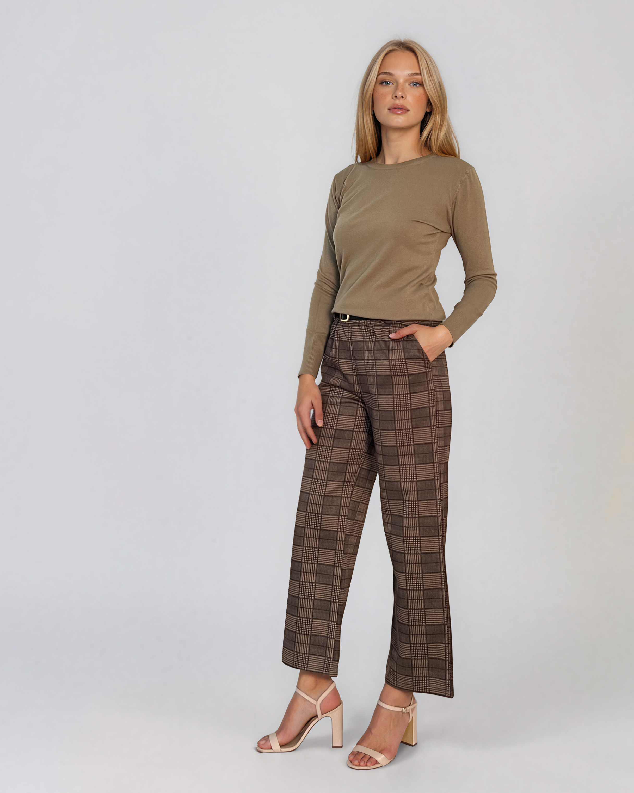 Pulover basic cu guler rotund kaki HL234
