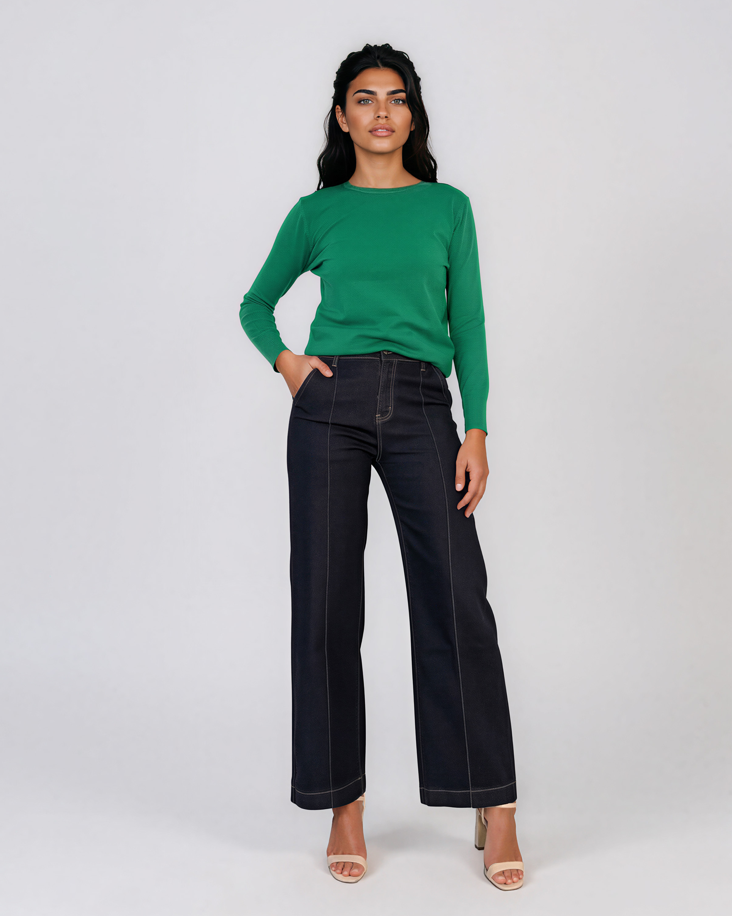 Pulover basic cu guler rotund verde HL234