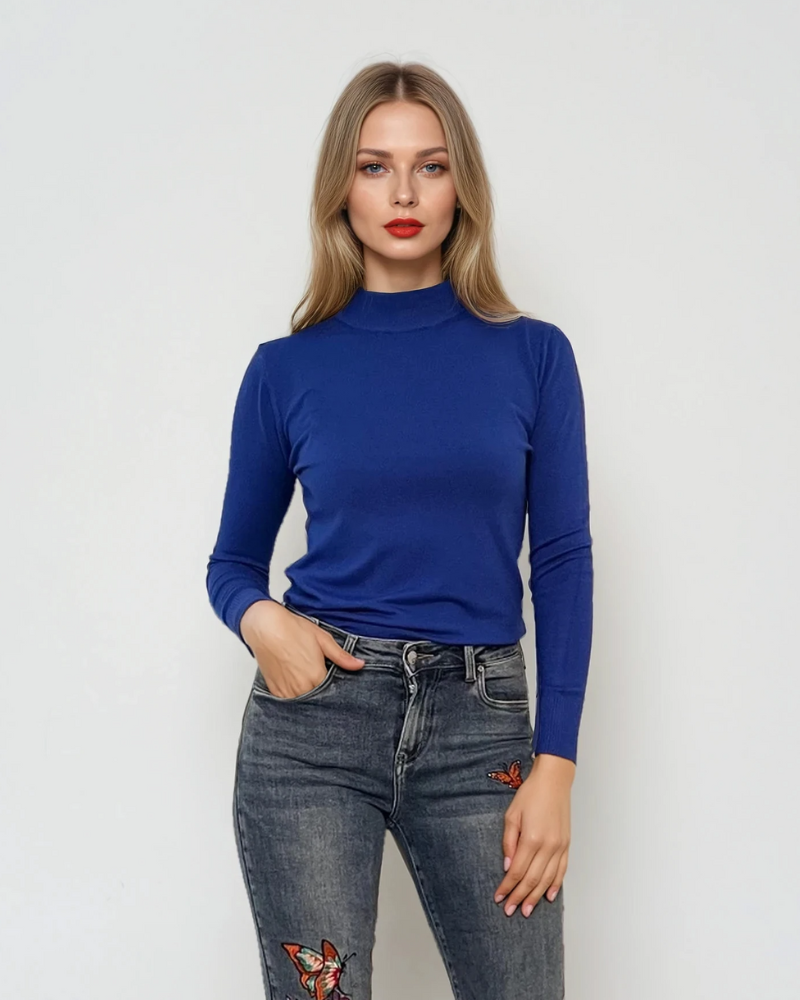 Pulover basic cu guler scurt albastru 