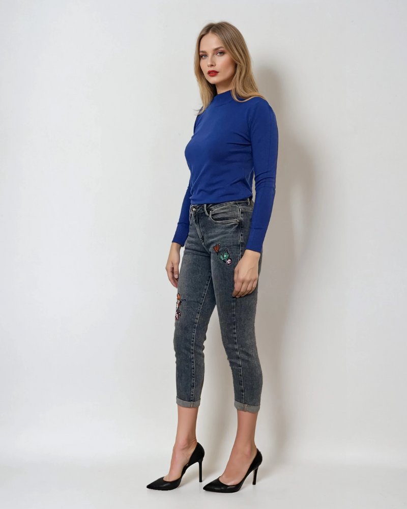 Pulover basic cu guler scurt albastru 