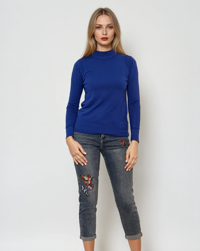 Pulover basic cu guler scurt albastru 