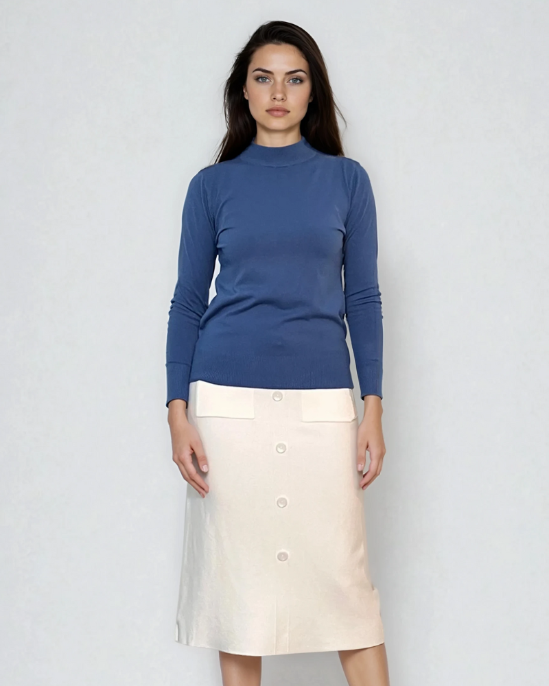 Pulover basic cu guler scurt albastru-jeans 