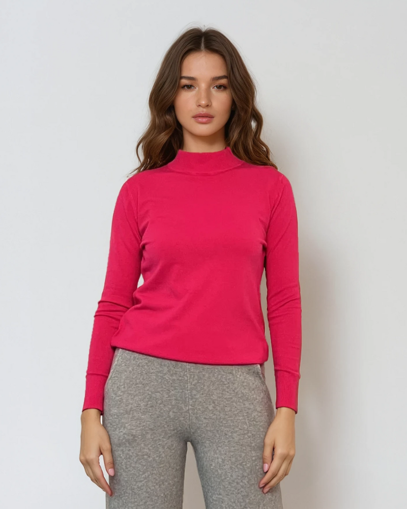 Pulover basic cu guler scurt ciclam 