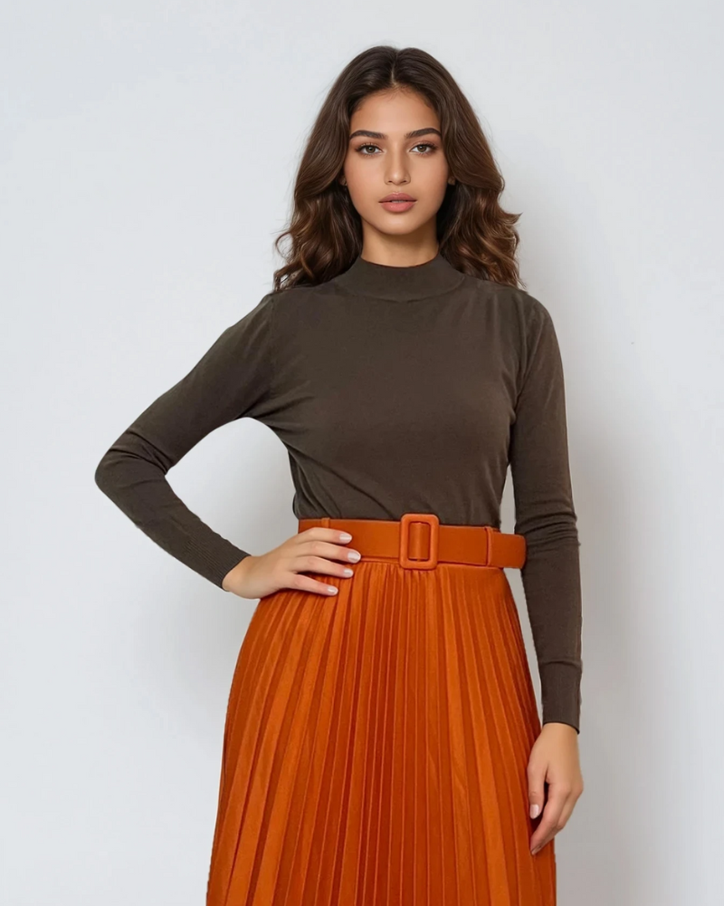 Pulover basic cu guler scurt kaki 