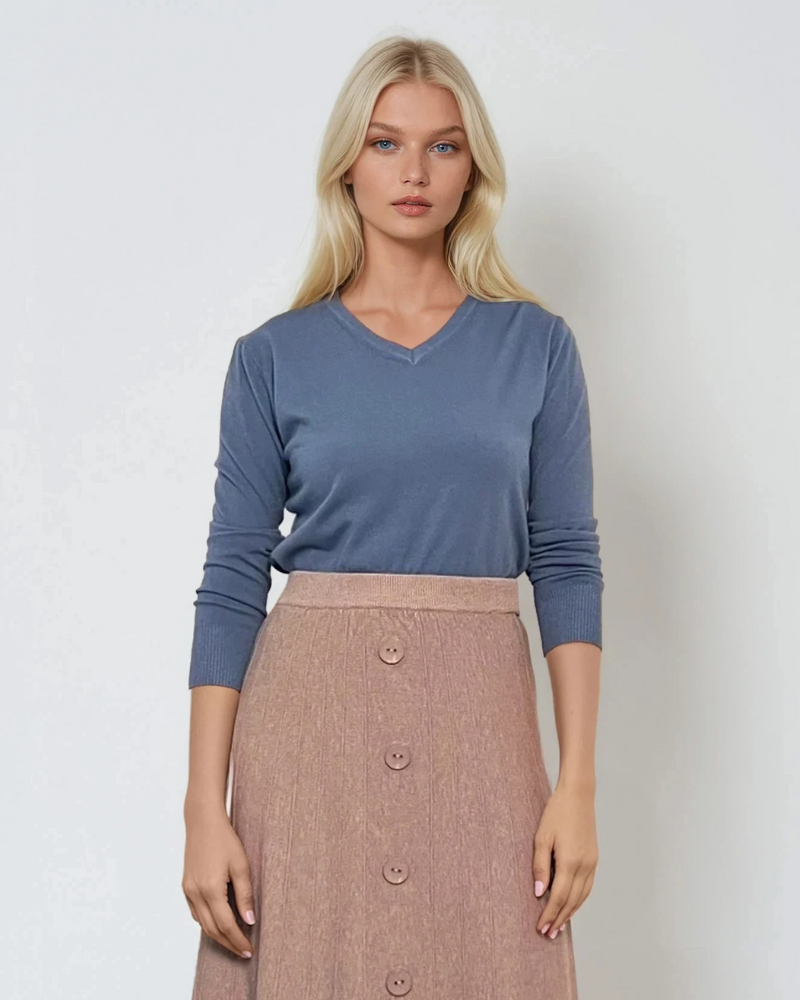 Pulover cu decolteu în V moale si confortabil albastru-jeans 
