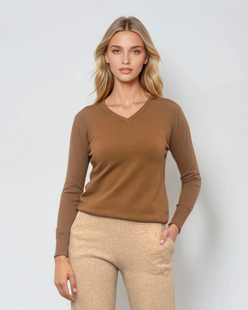 Pulover cu decolteu în V moale si confortabil beige 