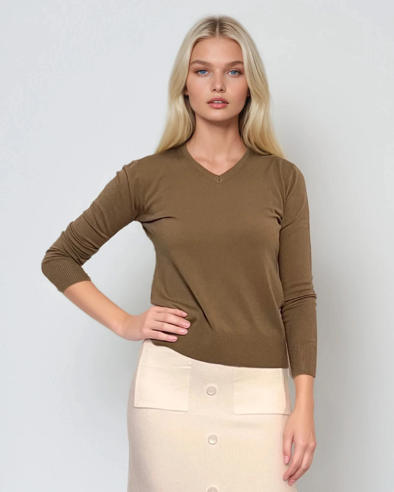 Pulover cu decolteu în V moale si confortabil olive 