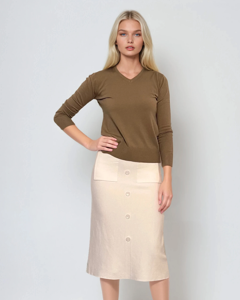 Pulover cu decolteu în V moale si confortabil olive 