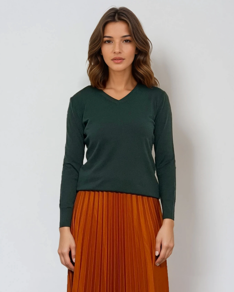 Pulover cu decolteu în V moale si confortabil verde-dark 