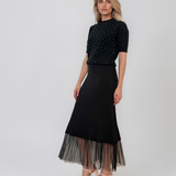 Pulover cu mânecă scurtă din tricot cu perle aplicate negru PN094