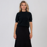 Pulover cu mânecă scurtă din tricot cu perle aplicate negru PN094