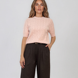 Pulover cu mânecă scurtă din tricot cu perle aplicate roz PN094