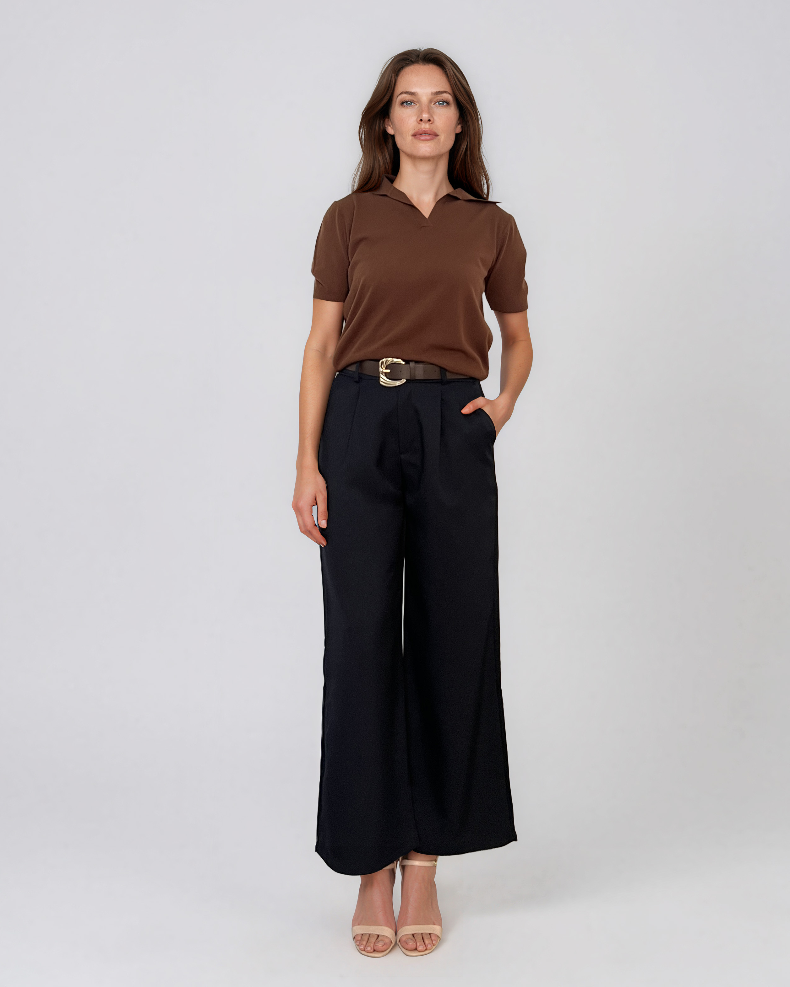 Pulover cu mânecă scurtă şi guler polo maro PN095