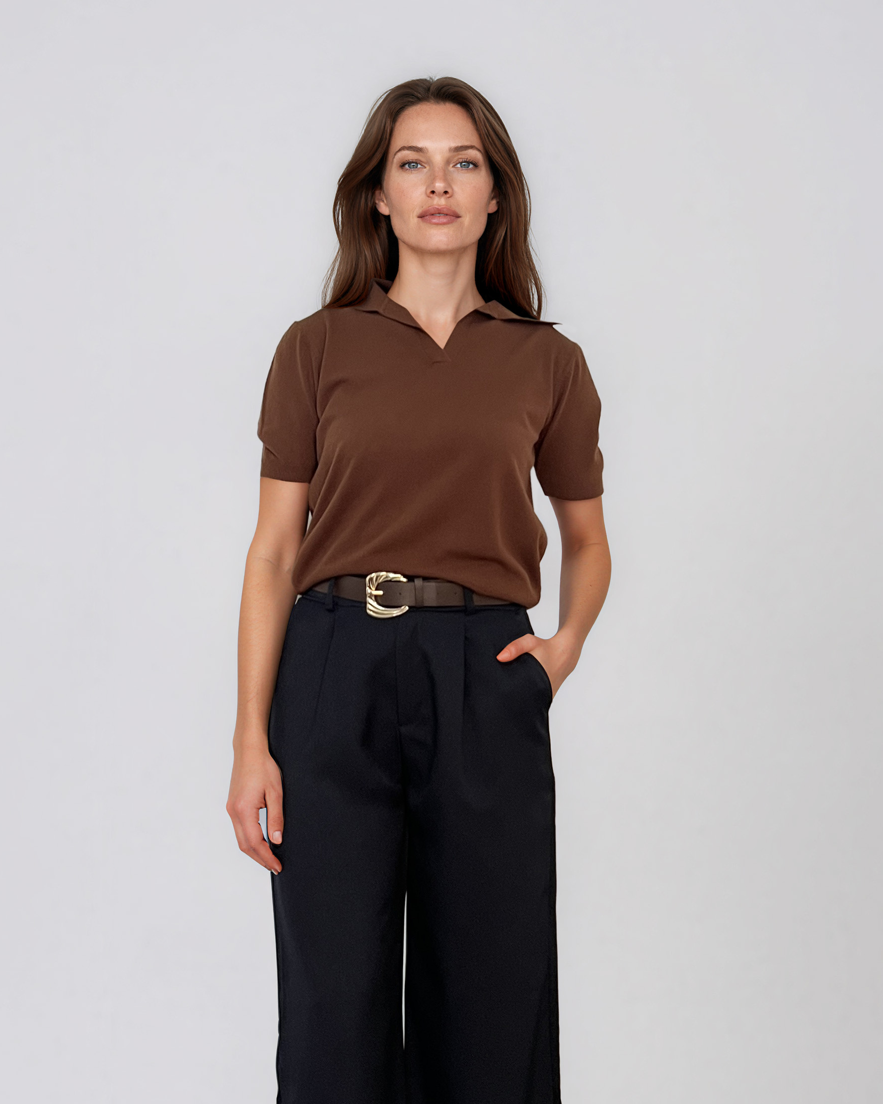 Pulover cu mânecă scurtă şi guler polo maro PN095