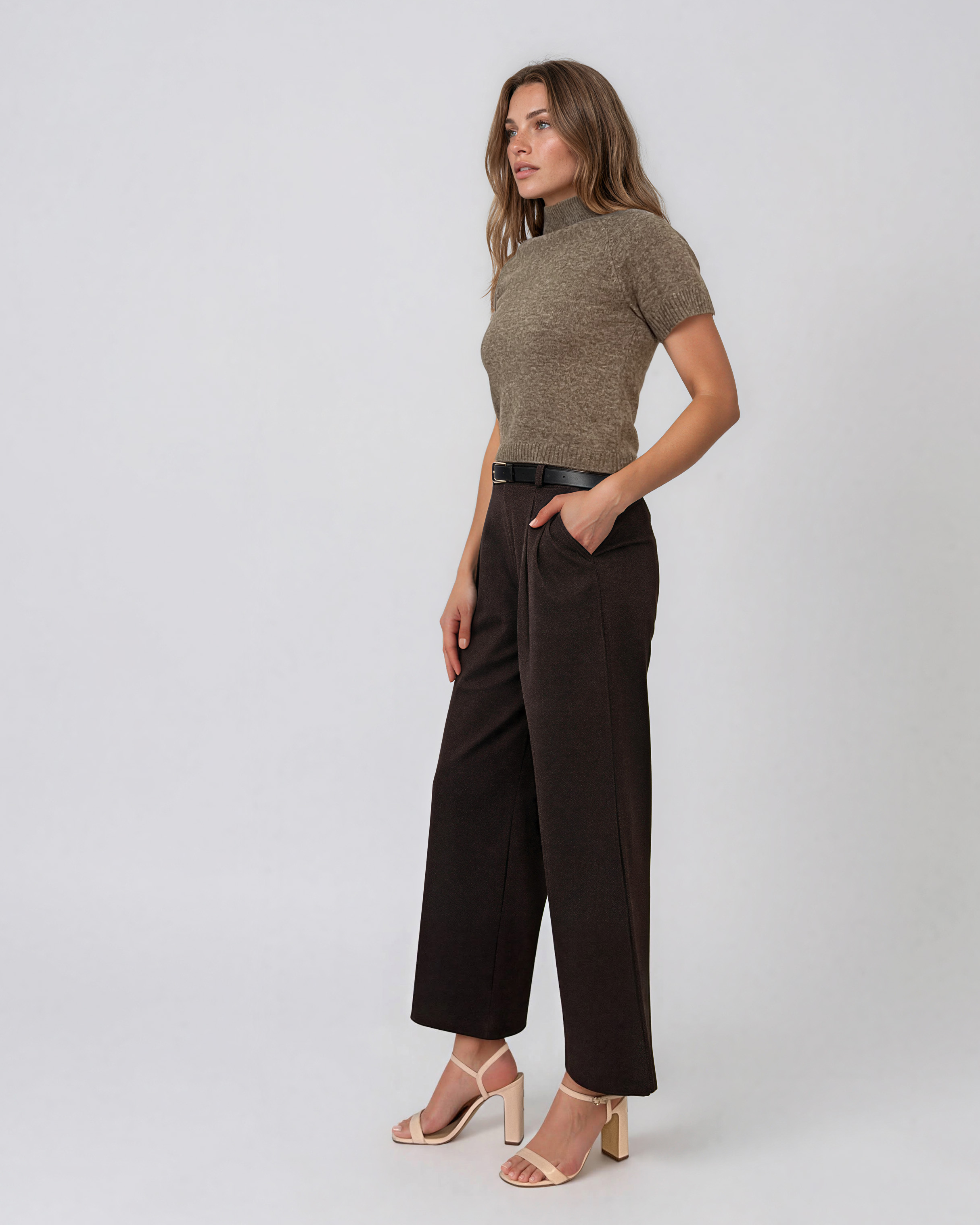 Pulover cu mânecă scurtă şi guler semi-înalt camel PN108
