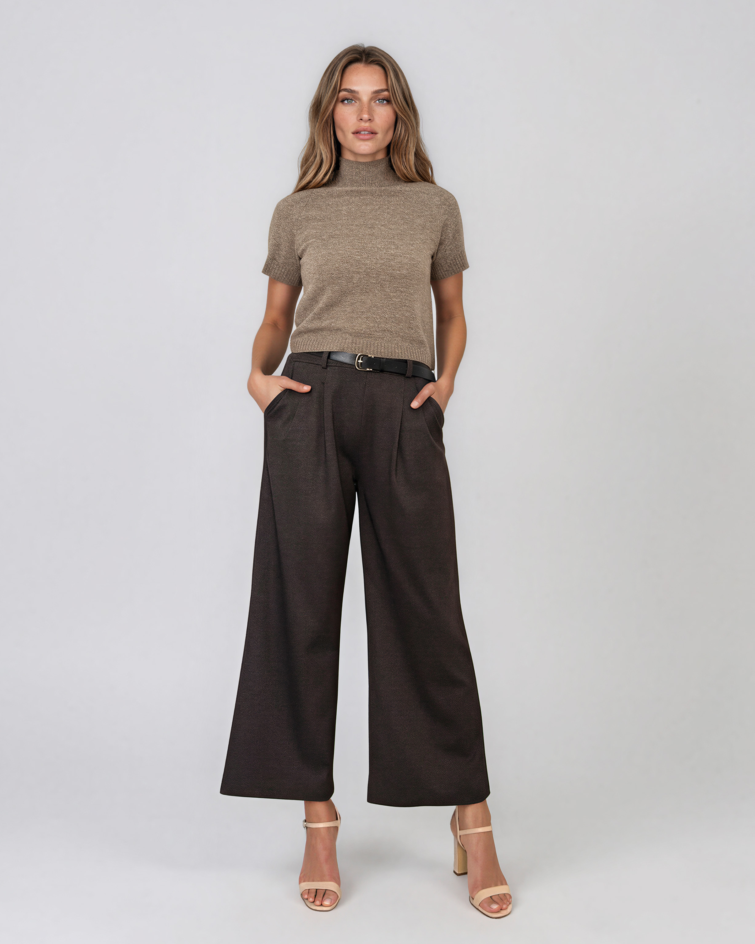 Pulover cu mânecă scurtă şi guler semi-înalt camel PN108