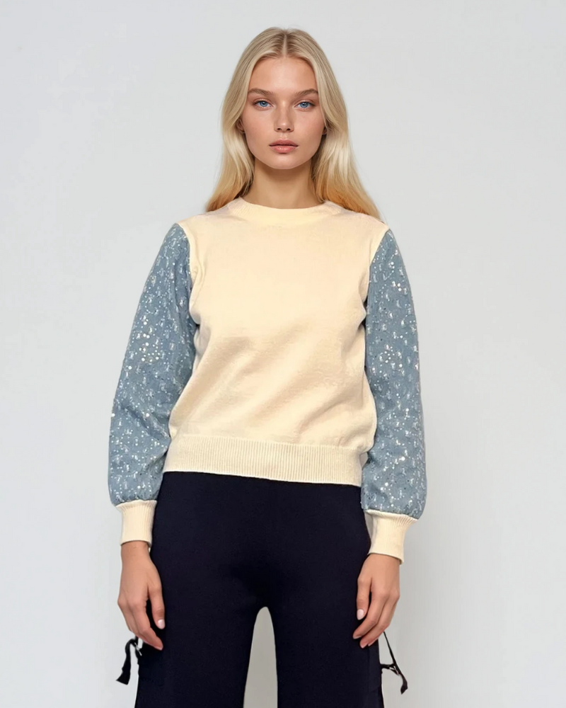 Pulover cu mâneci din denim cu paiete alb 