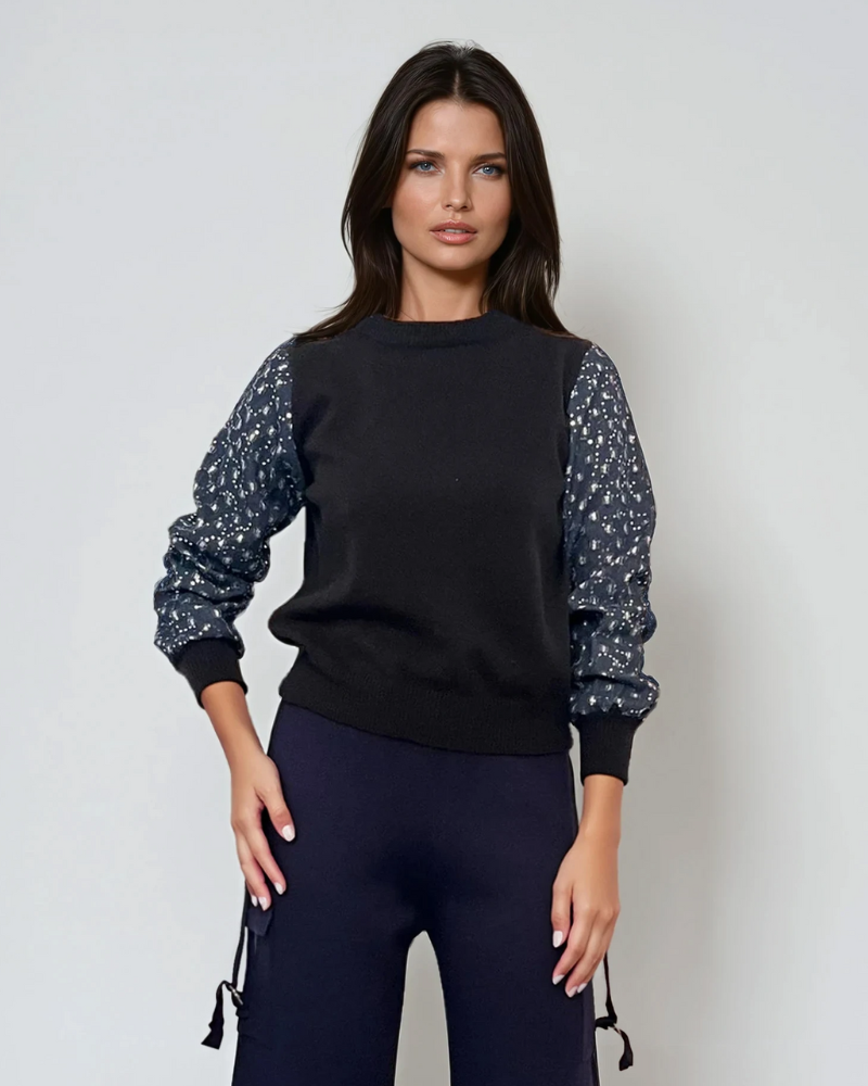 Pulover cu mâneci din denim cu paiete negru 