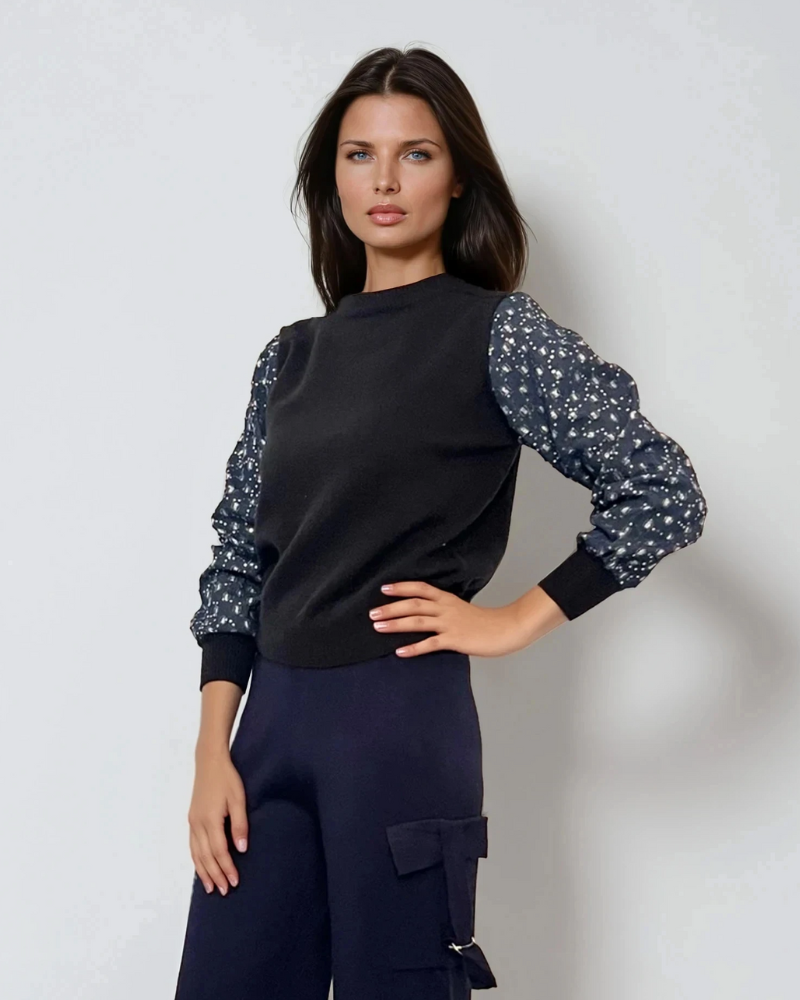 Pulover cu mâneci din denim cu paiete negru 