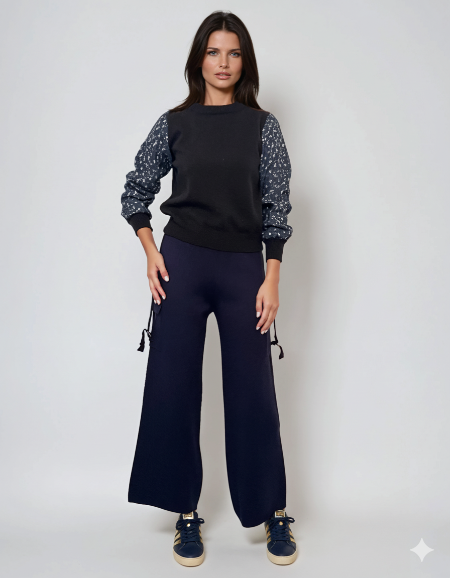 Pulover cu mâneci din denim cu paiete negru 