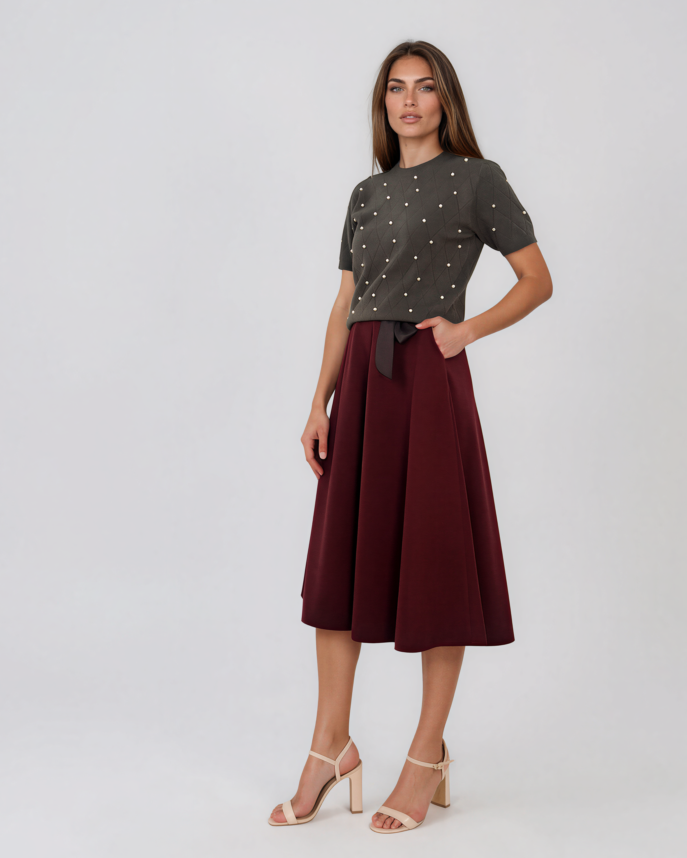 Pulover din tricot ajurat cu mânecă scurtă kaki PN120