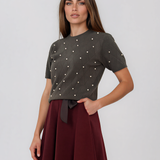 Pulover din tricot ajurat cu mânecă scurtă kaki PN120