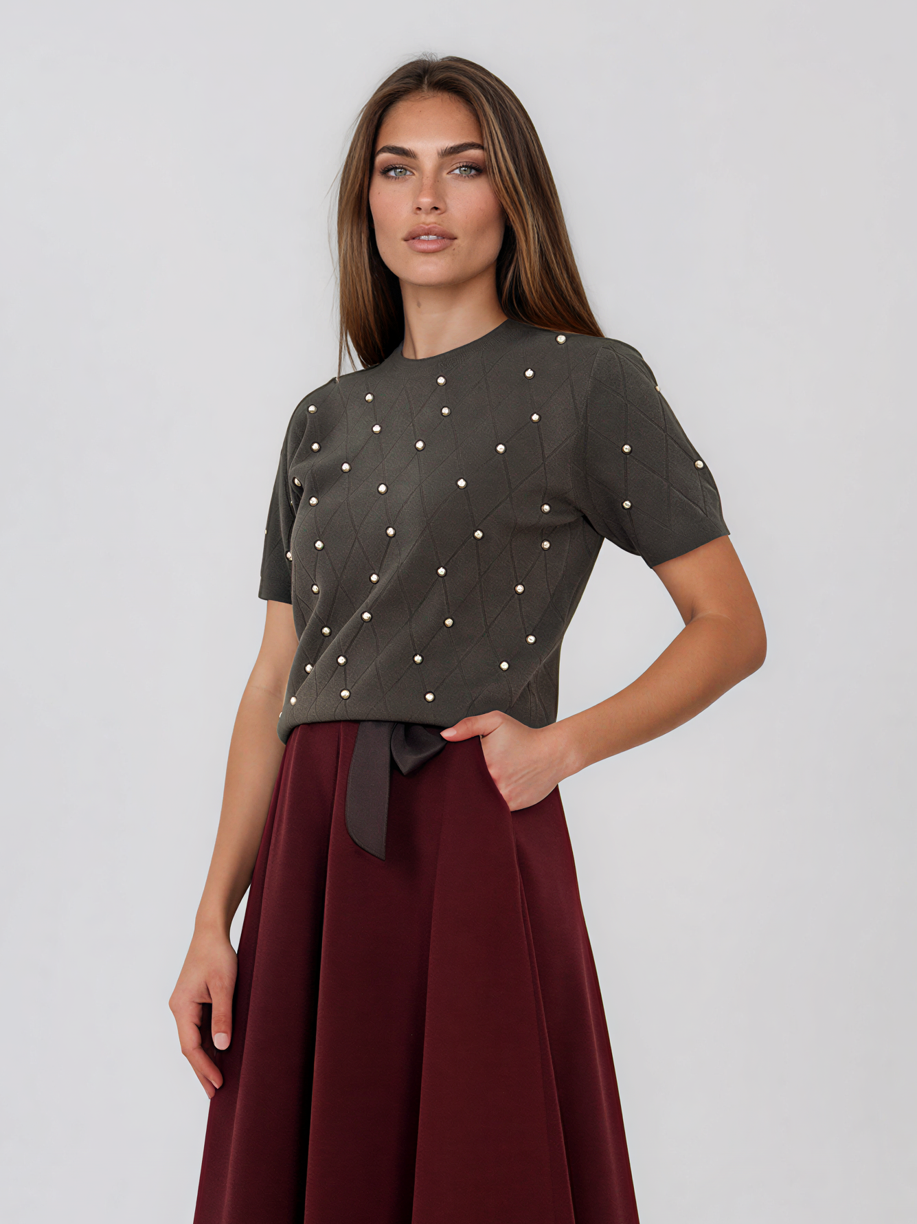 Pulover din tricot ajurat cu mânecă scurtă kaki PN120