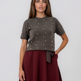 Pulover din tricot ajurat cu mânecă scurtă kaki PN120
