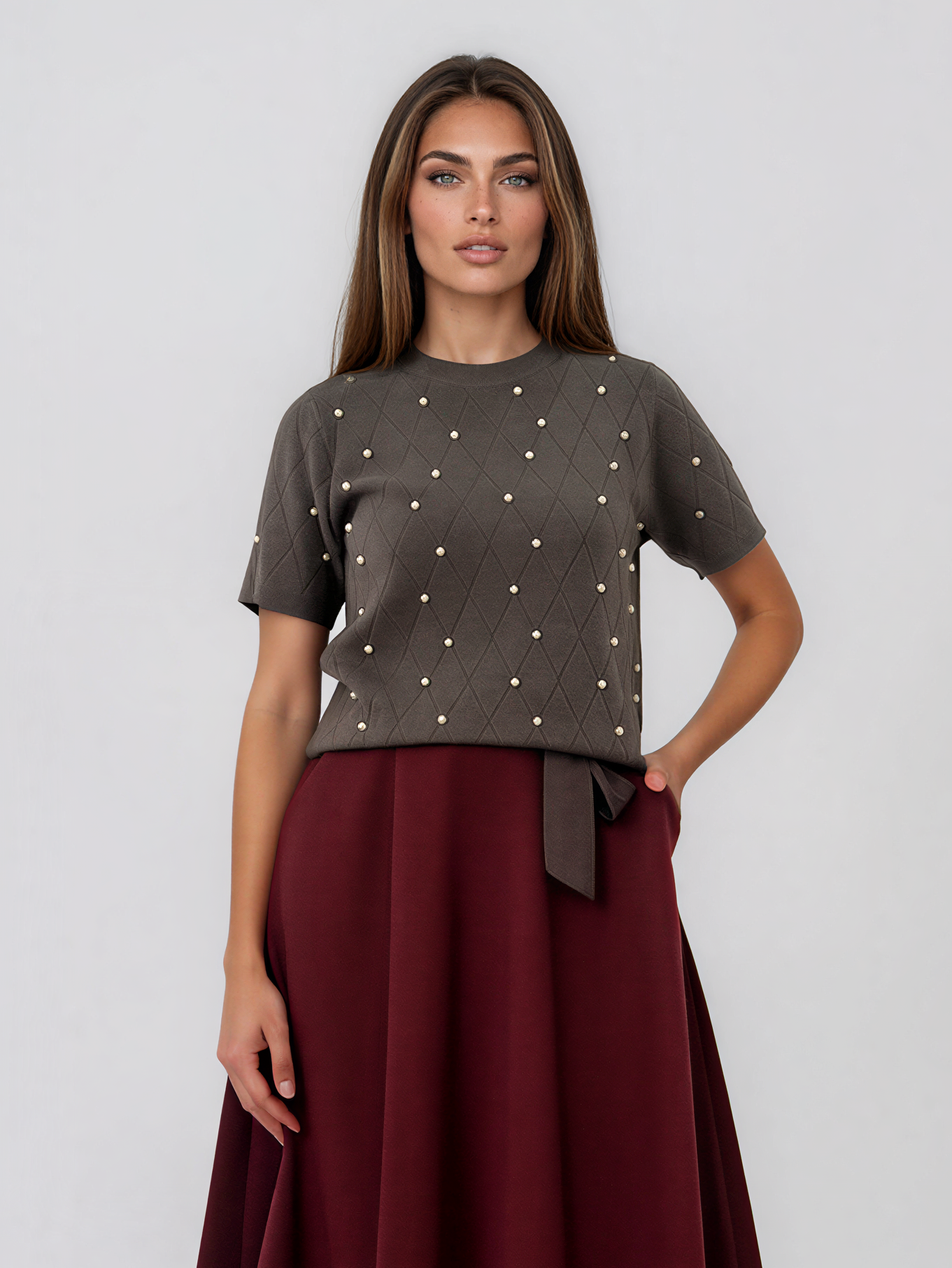 Pulover din tricot ajurat cu mânecă scurtă kaki PN120