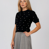 Pulover din tricot ajurat cu mânecă scurtă negru PN120