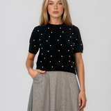 Pulover din tricot ajurat cu mânecă scurtă negru PN120