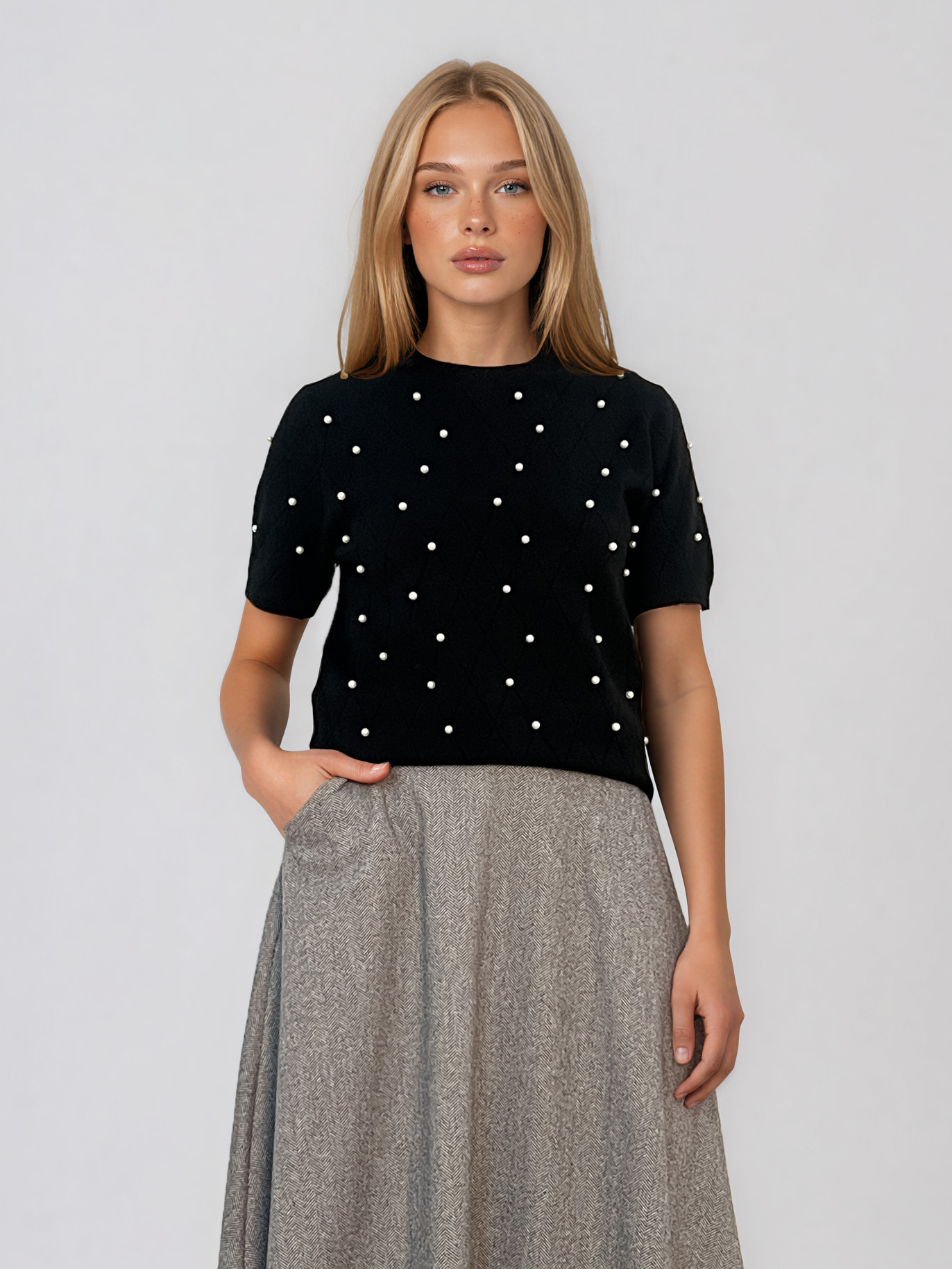 Pulover din tricot ajurat cu mânecă scurtă negru PN120