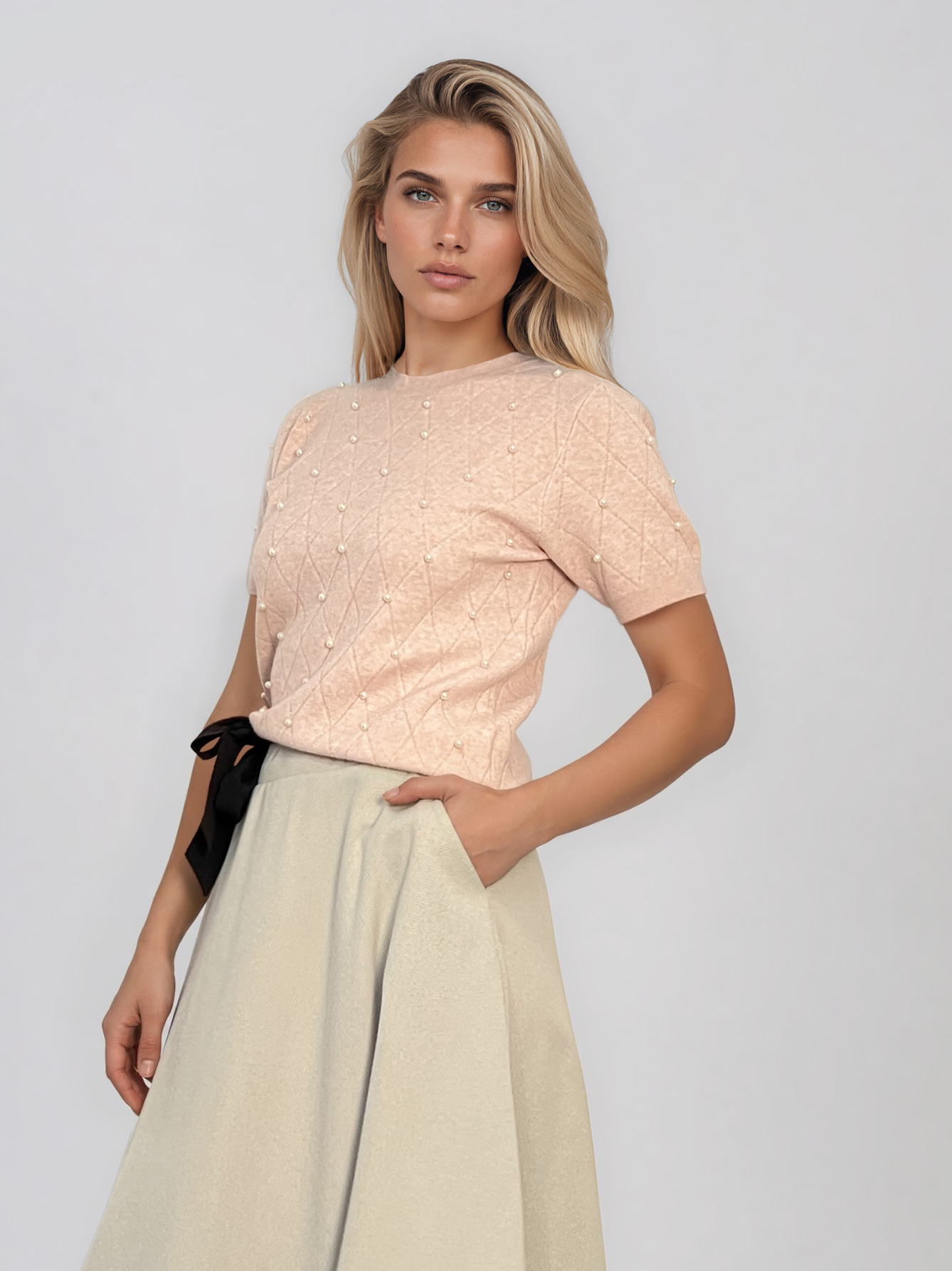 Pulover din tricot ajurat cu mânecă scurtă roz PN120