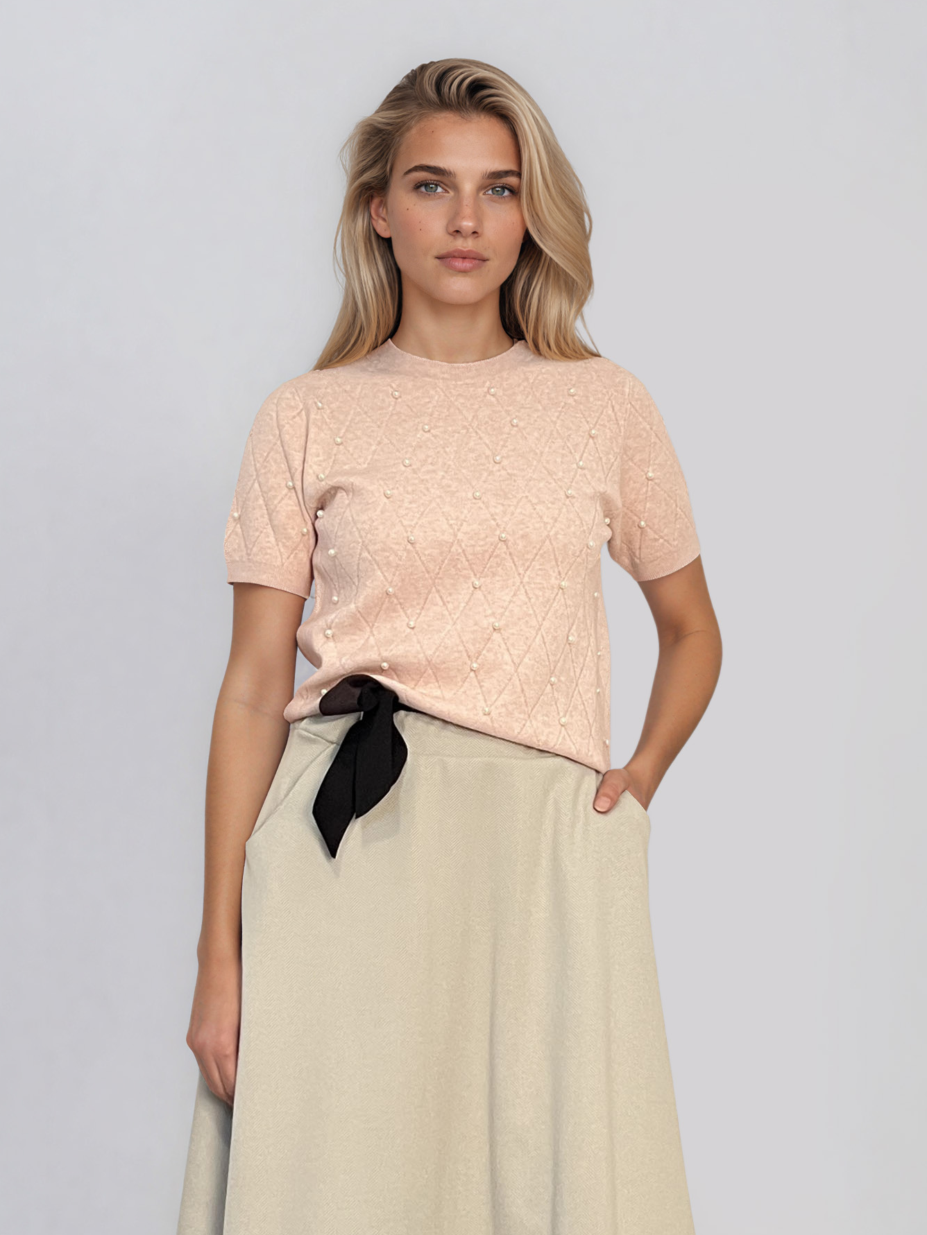 Pulover din tricot ajurat cu mânecă scurtă roz PN120