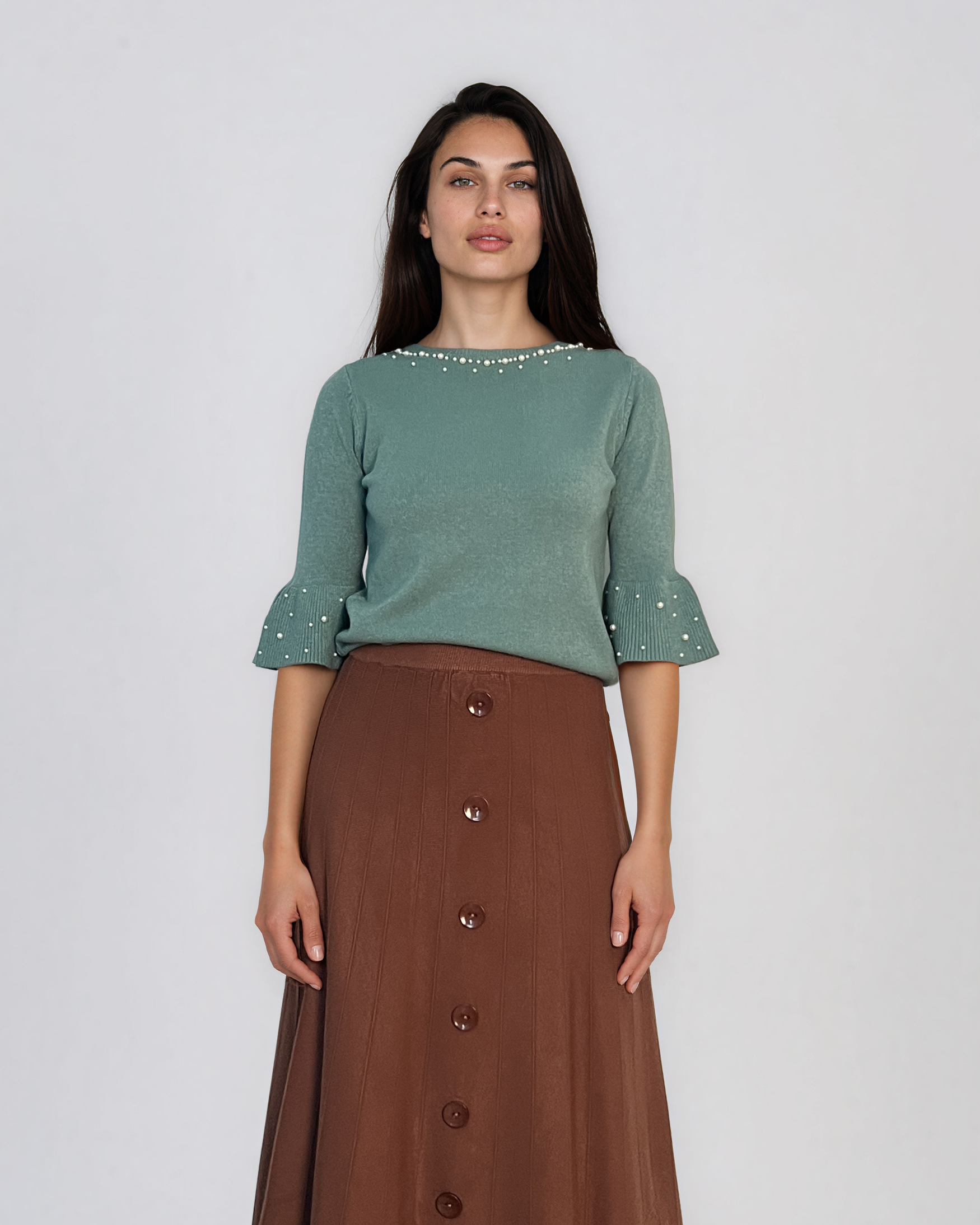 Pulover din tricot cu perle şi mâneci evazate aqua DY734
