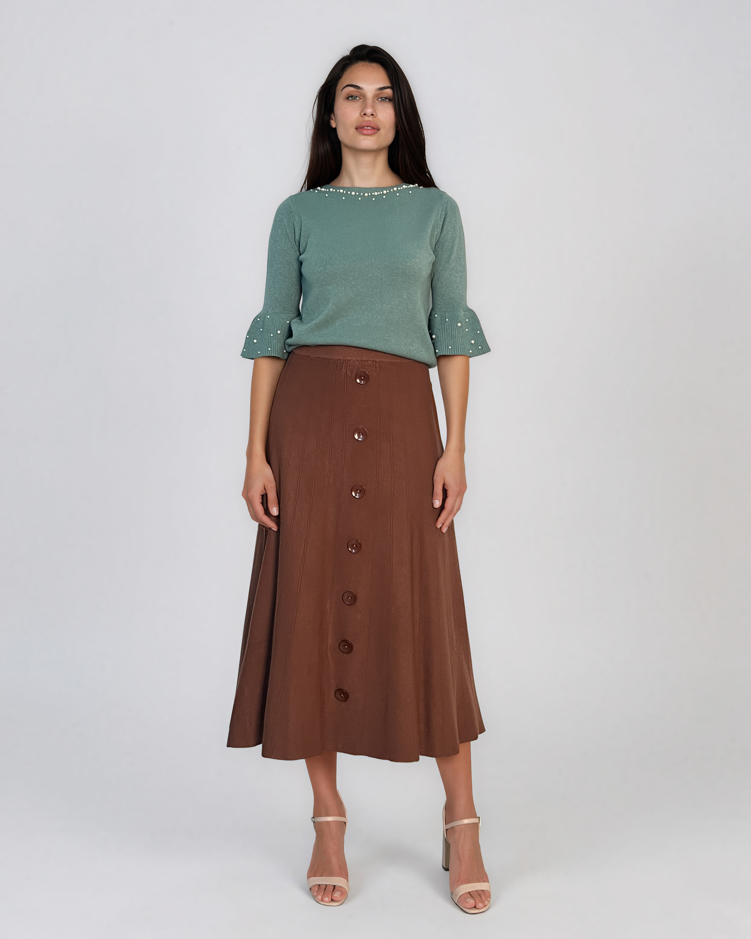 Pulover din tricot cu perle şi mâneci evazate aqua DY734